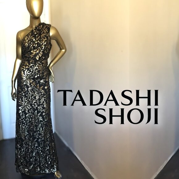 Tadashi Shoji Dresses & Skirts - TADASHI SHOJI Black Sequined Paillette Lace One Shoulder Gown